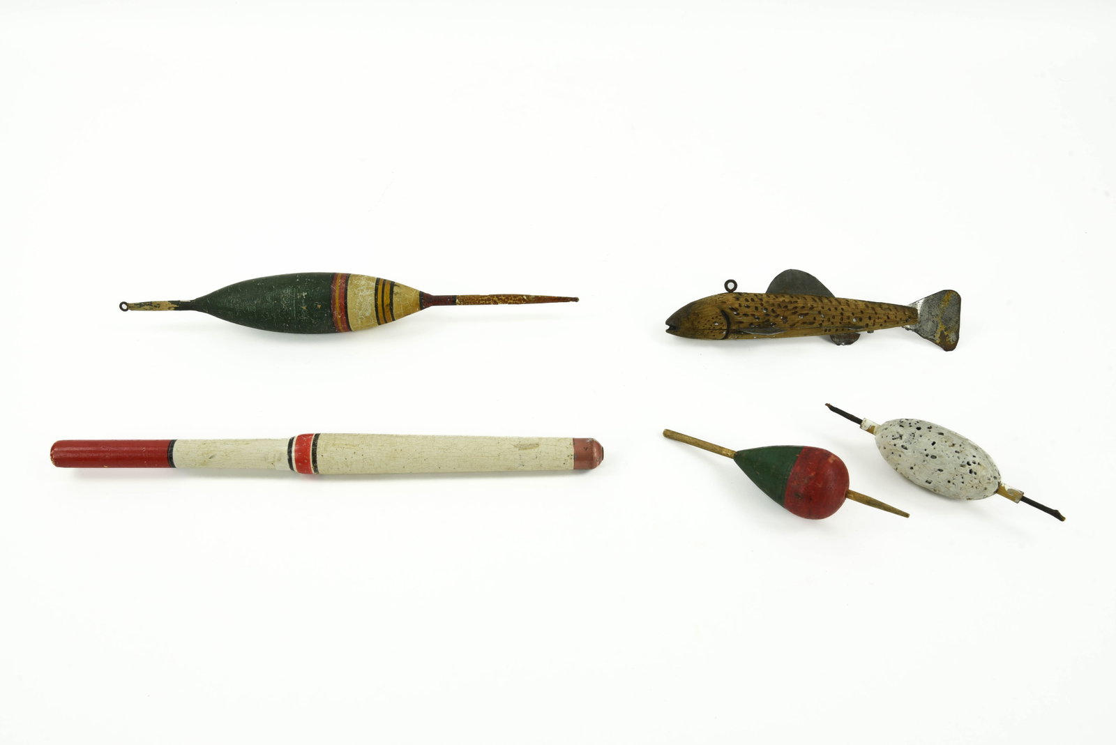 Ice Fishing Decoy and 4 Painted Bobbers: decoy is 7 1/2" long.