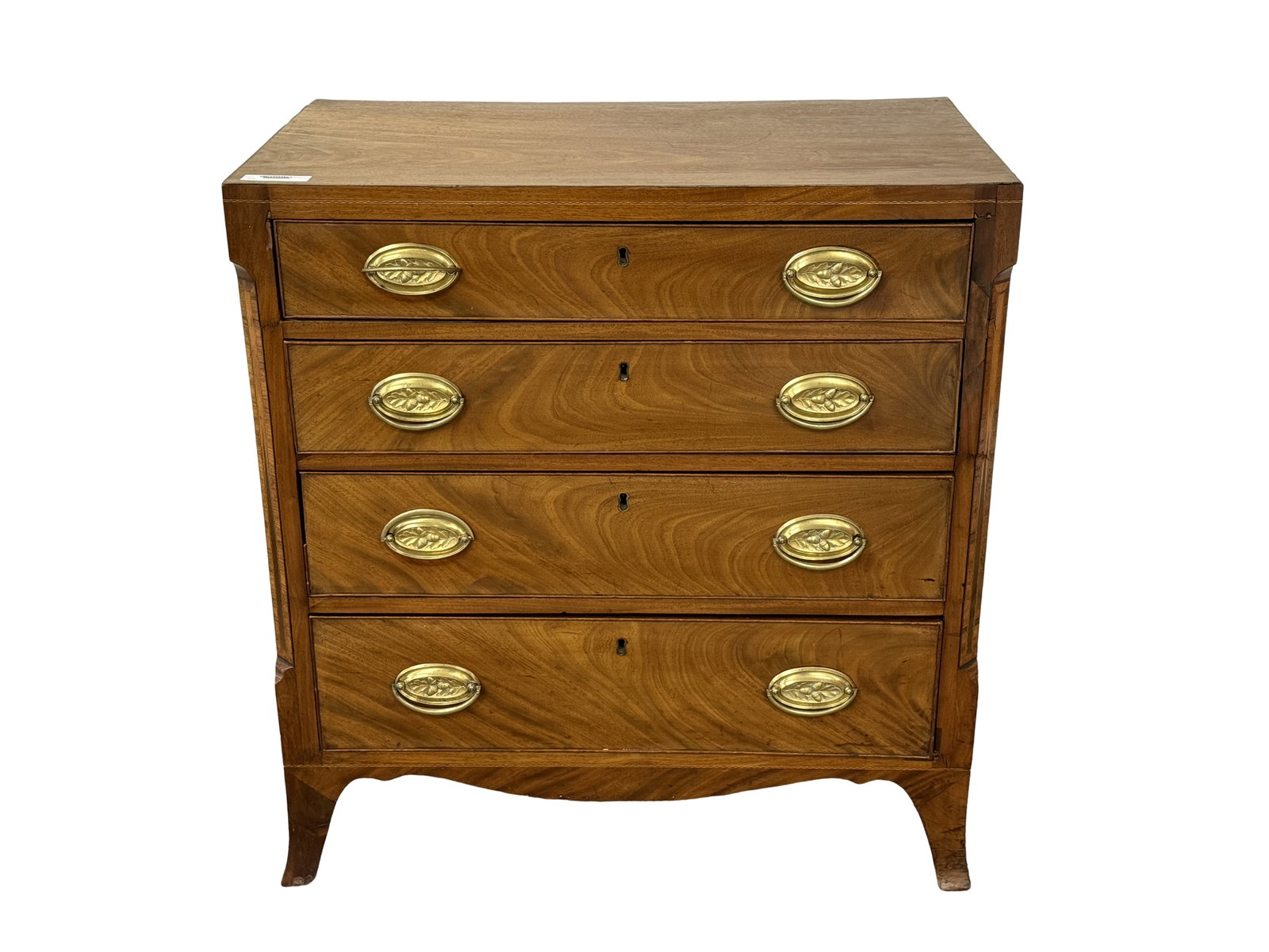 Period Mahogany Chest of Drawers: petite size, graduated drawers, brass acorn and oak leaf pulls and Hepplewhite french flared feet. 31" x 19" x 33" tall. Very clean and retail ready.