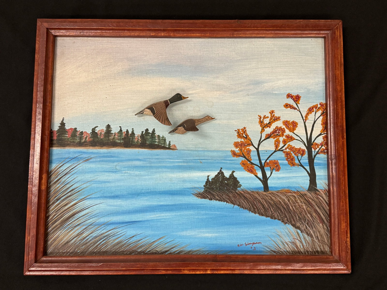 Ralph Simpson Painting w/ Half Body Mallards: dated 1975, Alex Bay. St. Lawrence River. 16" x 20". In the style of Roy Conklin.