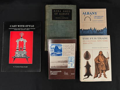 Two bound volumes and three paperbacks on Albany: 5 vols. Bolton, Theodore, and Irwin Cortelyou. Ezra Ames of Albany, Portrait Painter ... 1768-1836. New York: New-York Historical Society, 1955. Octavo, orig. cloth. Number added then effaced from spi