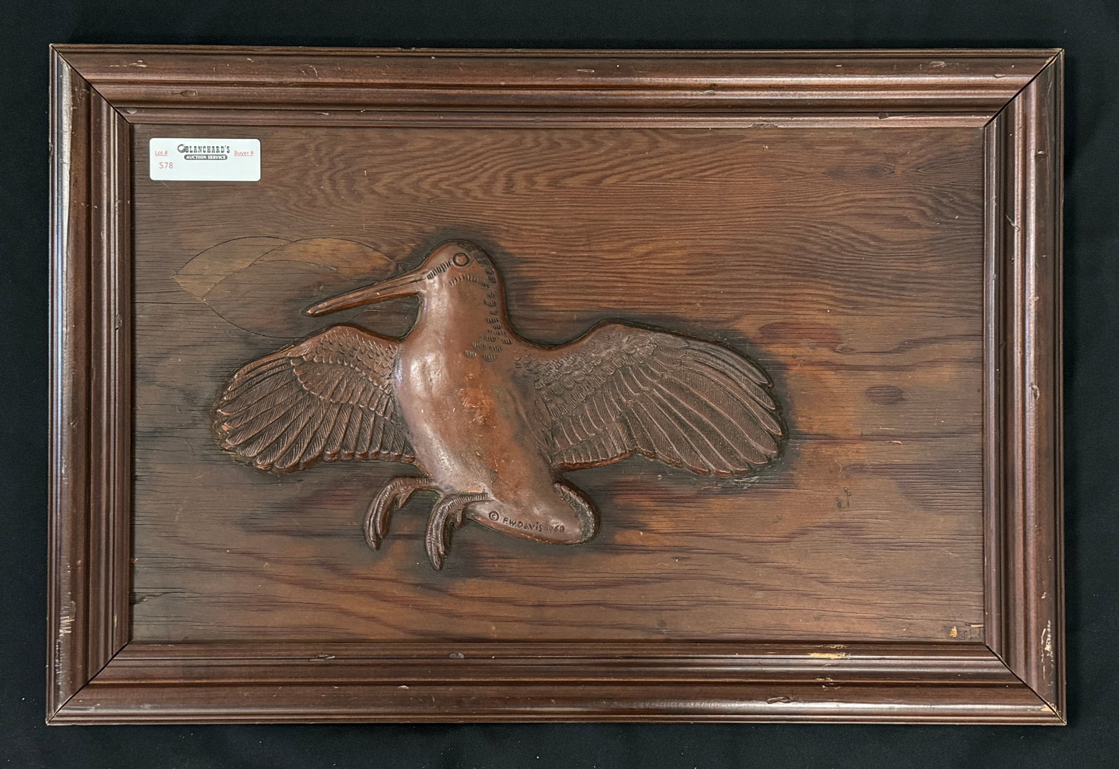 Relief Carving of a Woodcock Signed F.W Davis1968: 16 1/2" x 24 1/2"