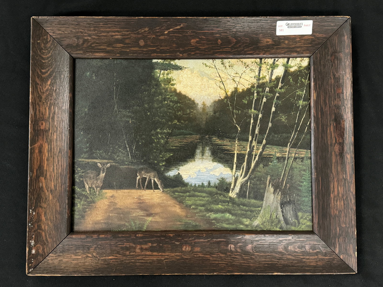 Oil Painting of Whitetail Deer in Oak Frame: unsigned. 18 3/4" x 23 1/2".