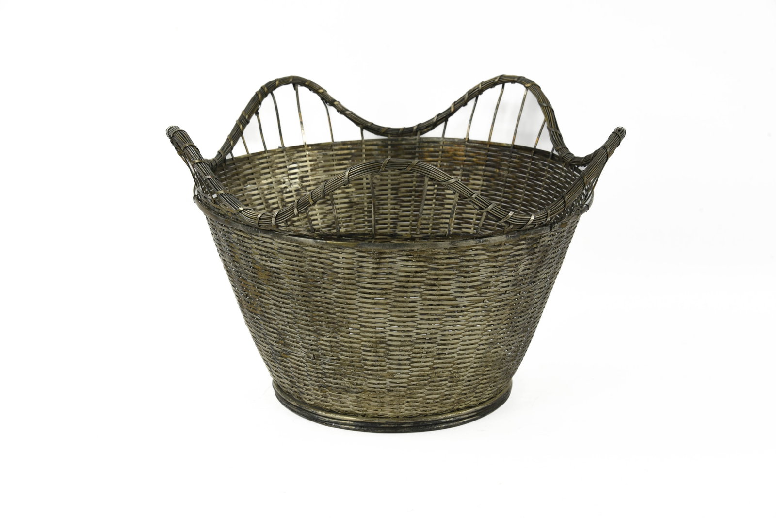 Silver Hand Woven Center Bowl Basket: 13" diameter x 8 1/2" tall.