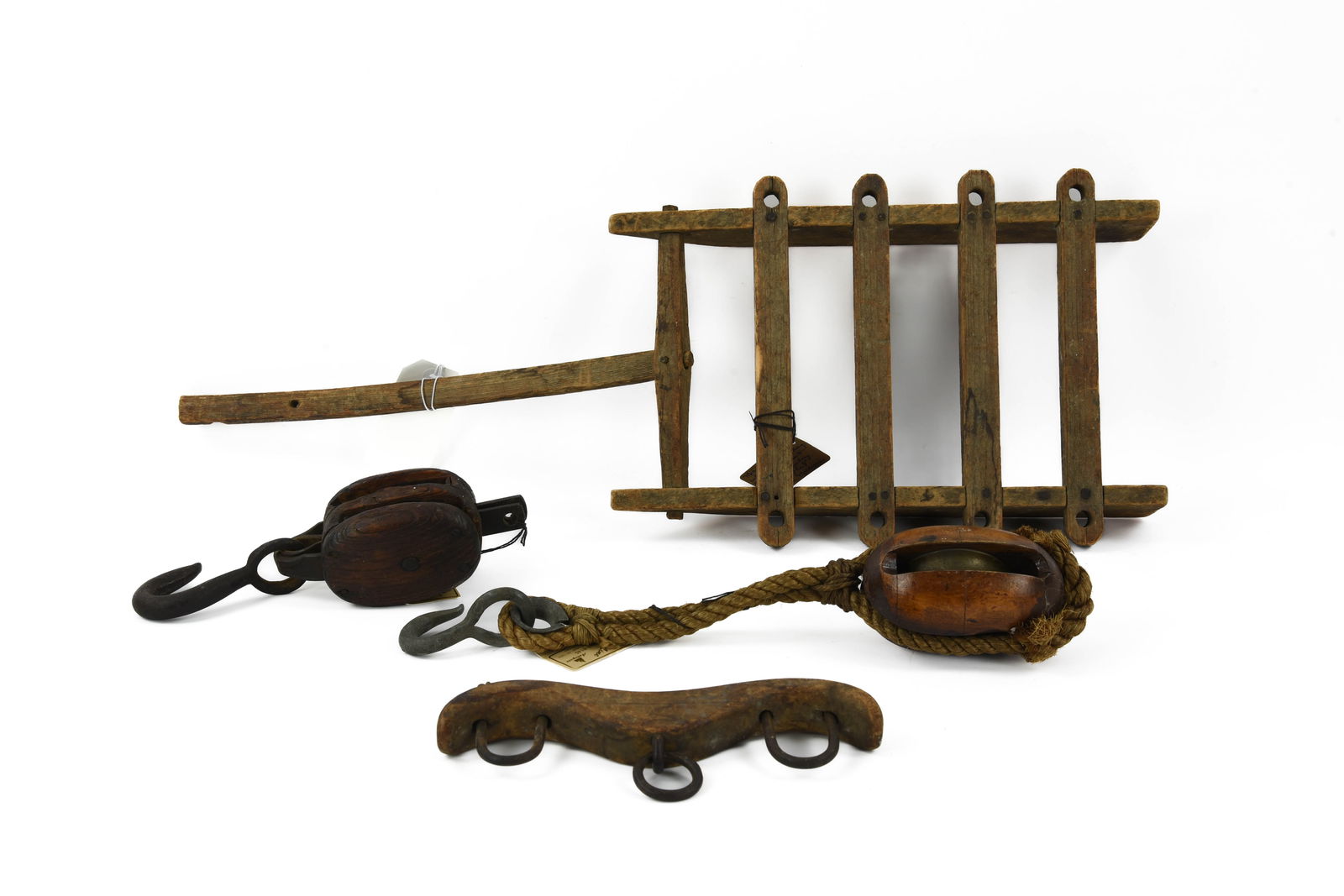 Miniature Log Sled, Ox Yoke & 2 Wooden Pulleys (1 of 3)