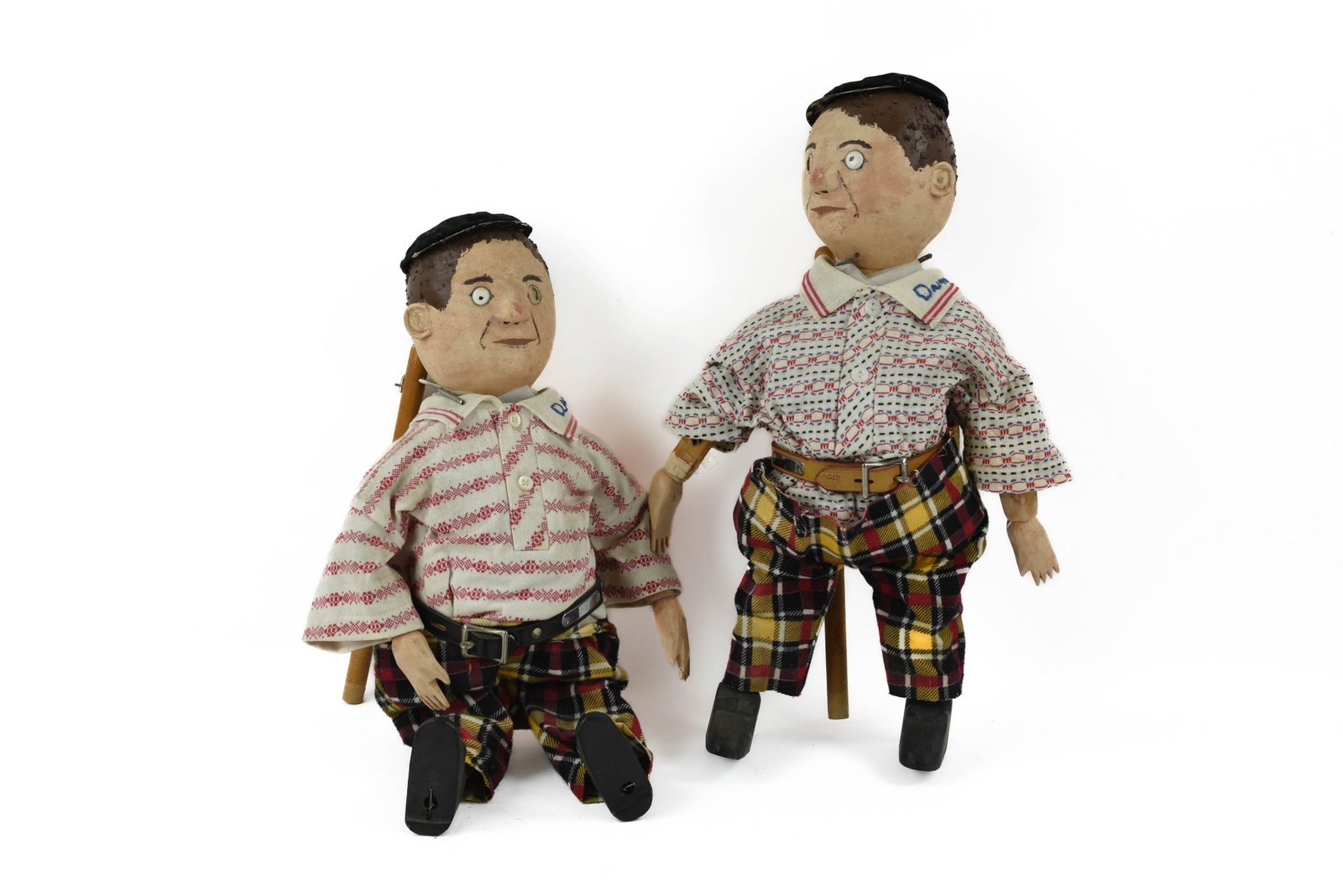 Tweedle Dee & Tweedle Dum Folk Art Jointed Dolls: folk art dolls circa 1950s. Made by Milford Howe, Canton, NY.