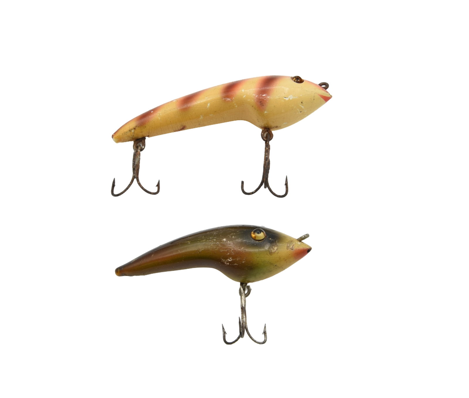 Moonlight/Silver Creek Pollywogs: 4" model finished in white with side stripes and a red mouth, and a 3 1/4", good glass eyes, horned ace finish. Both lures have wear, chips, hook marks and age lines, the larger with cracked eyes, the