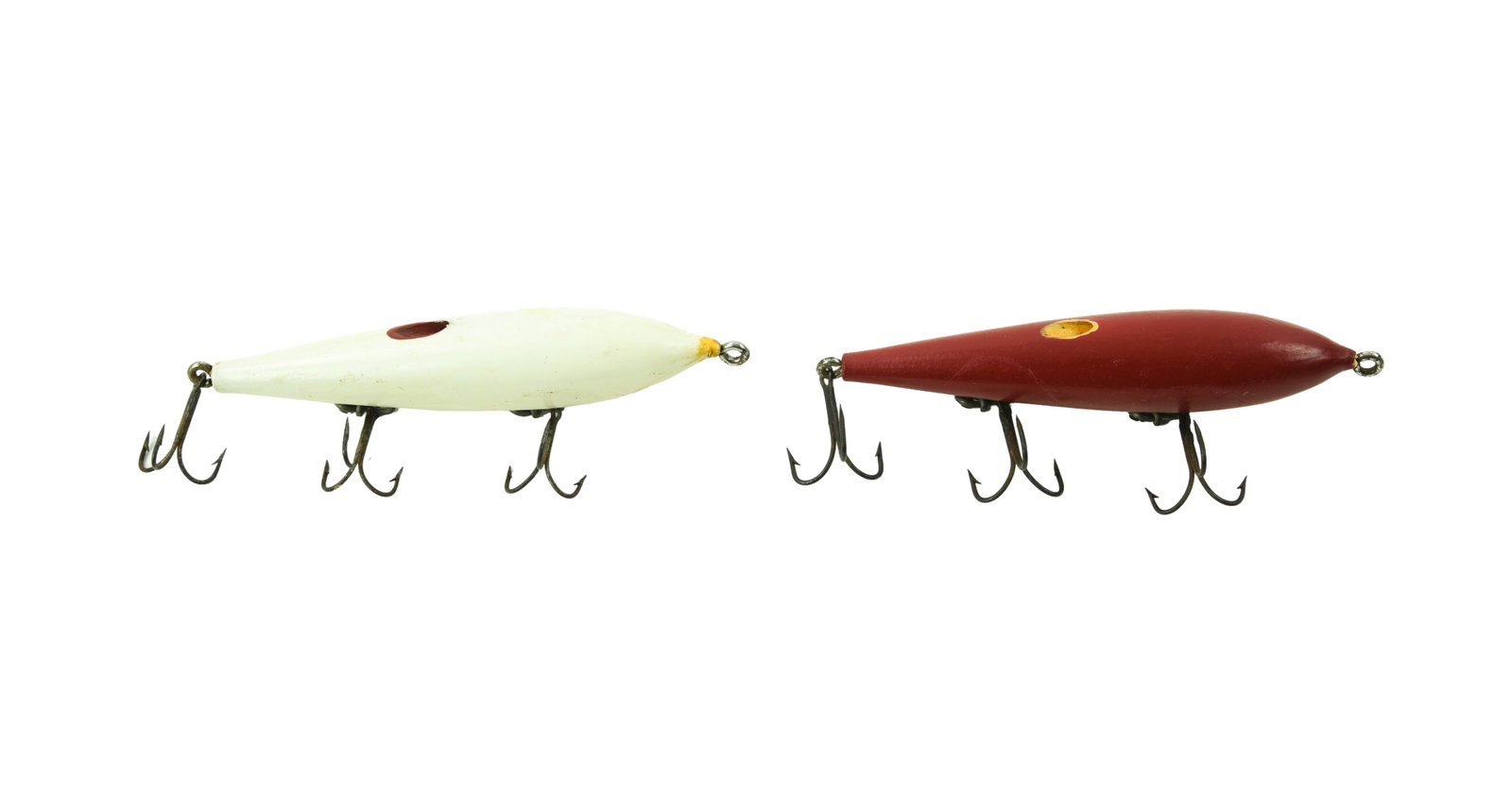 2 Early Lockhart's Wagtail Witch: Both 4 1/2" with E.J. Lockhart's unique belly hook hangers, red with yellow finished vent (Ex-), and white with red finished vent, about VG+ with a possible touchup to the vent paint, glue residue at 