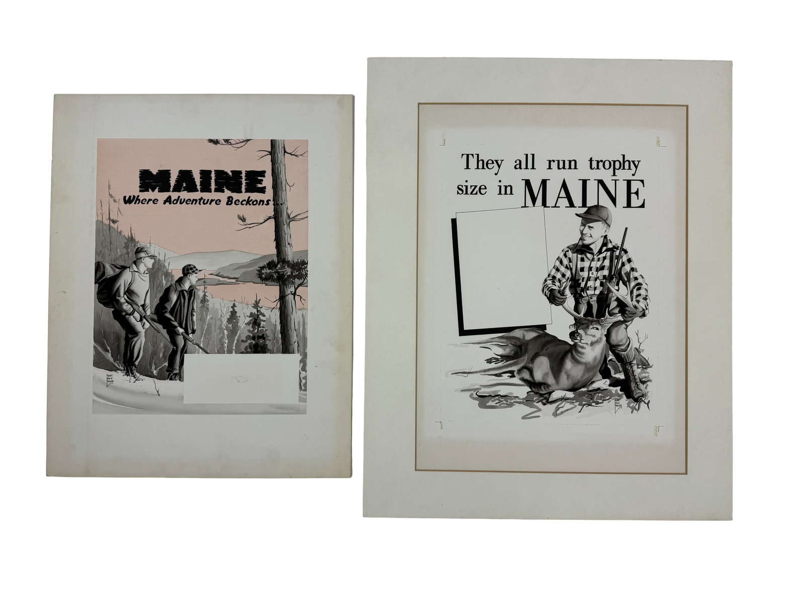 2 Vintage Maine Advertising Proofs: 4 proofs by American outdoor artist Robert Eric Pease (1925-2004) on paper over artist board. "There's Pleasure Here Aplenty - Maine" measures 14 1/4" x 6 1/2", finished in color, the others in black 