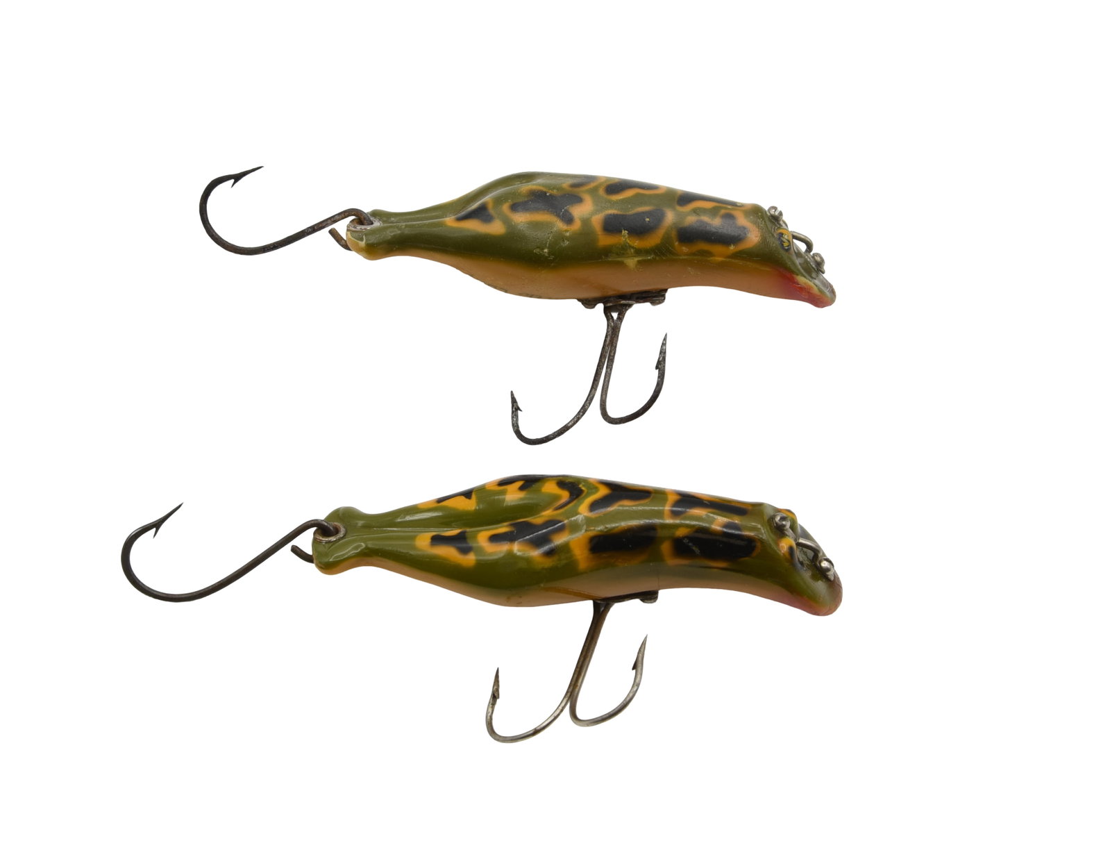 Heddon 3409B Little Luny Frogs: Early Little Lunys with toilet seat hardware, both finished with two-color spots. One grades near Ex-, the other about VG due to wear, bloating and minor shrinkage. Purchased from the highly respected