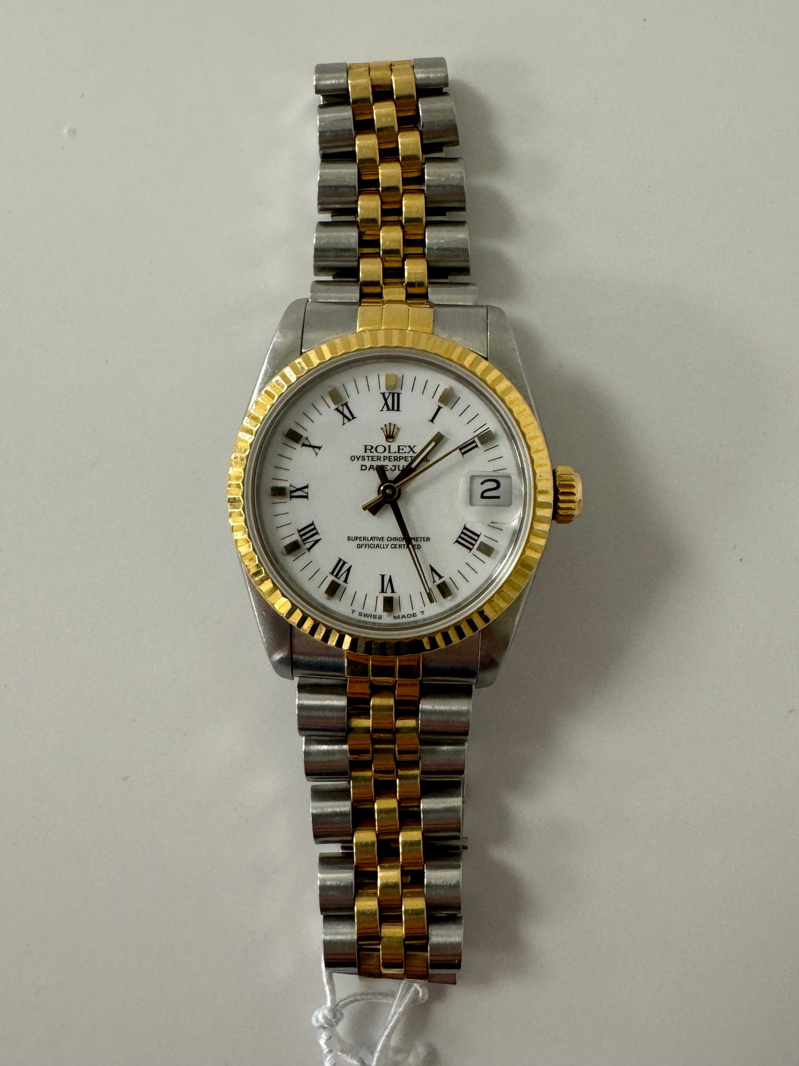 Rolex Oyster Perpetual Datejust Ladies Watch: With stainless steel band Rolex band marked Steelinox M4 Swiss made 62523hd 18. Also marked on band where connected to watch 487 B. From a local estate in Canton, NY.