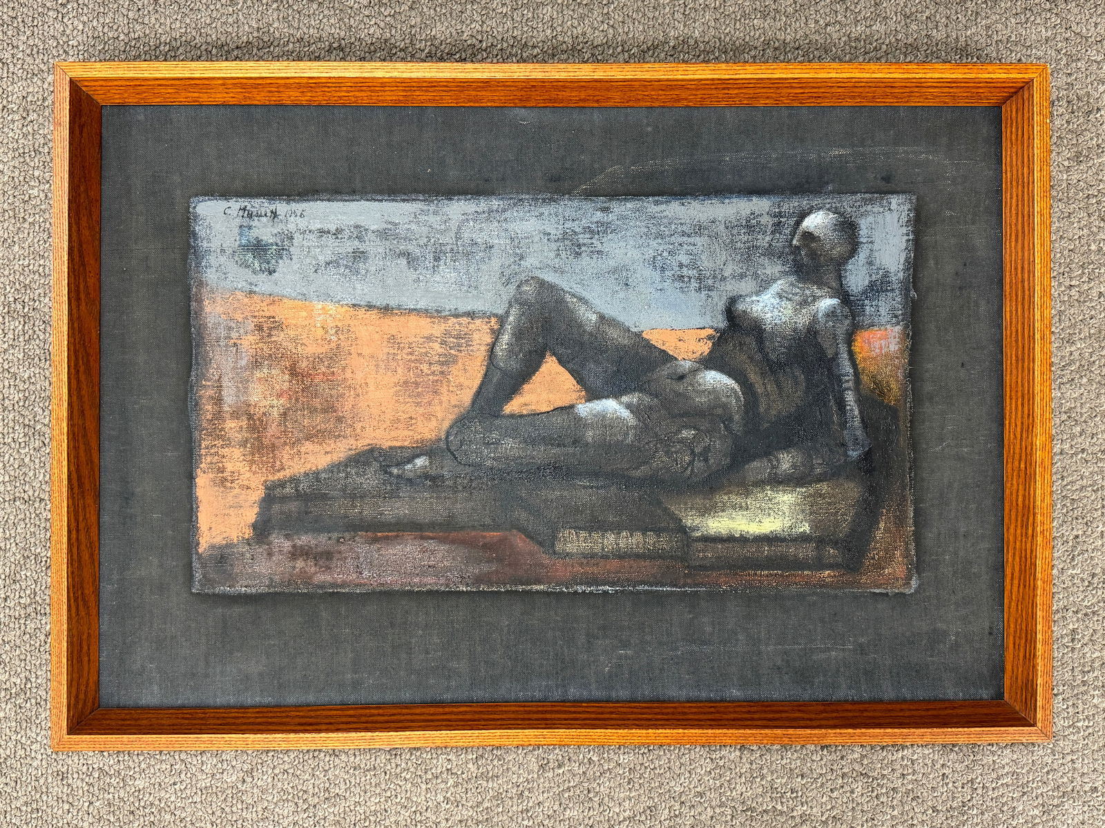 C. Mussett Oil on Canvas Reclining Nude 1956: CHARLES MUSSETT (British 1927 - 1991) Mid-Century Modern, Reclining female Nude, Oil on Canvas, Signed and Dated C. Mussett 1956 Pencil Inscribed on Verso: “Sculpture” Overall size 17 1/4" X 2