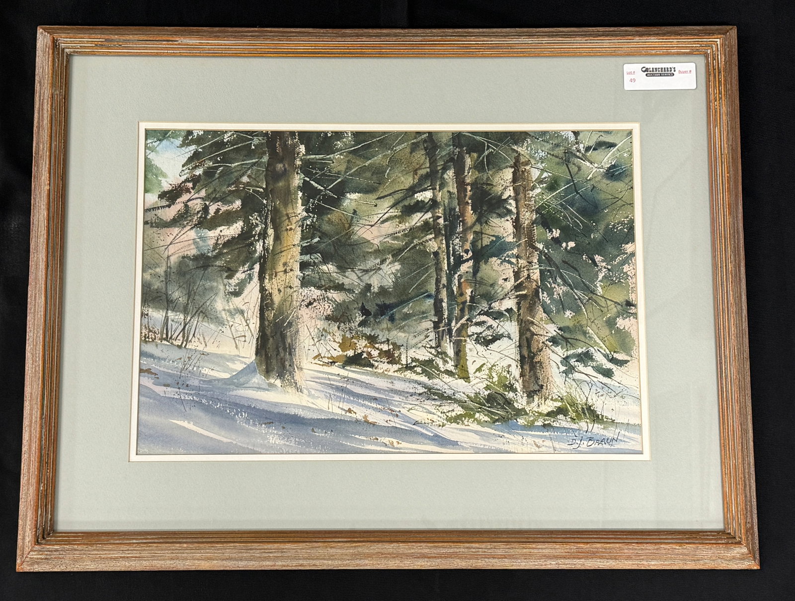 D. J. Braun Winter Woods Watercolor: Overall size 20" x 26". From The Randy Rall Estate in Syracuse, NY.