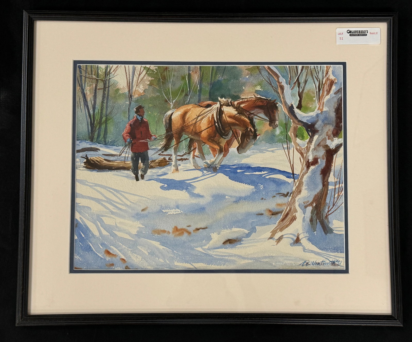 Wentworth Watercolor - Horses Pulling: dated 1937. 19" x 22 1/2" . From The Randy Rall Estate in Syracuse, NY.