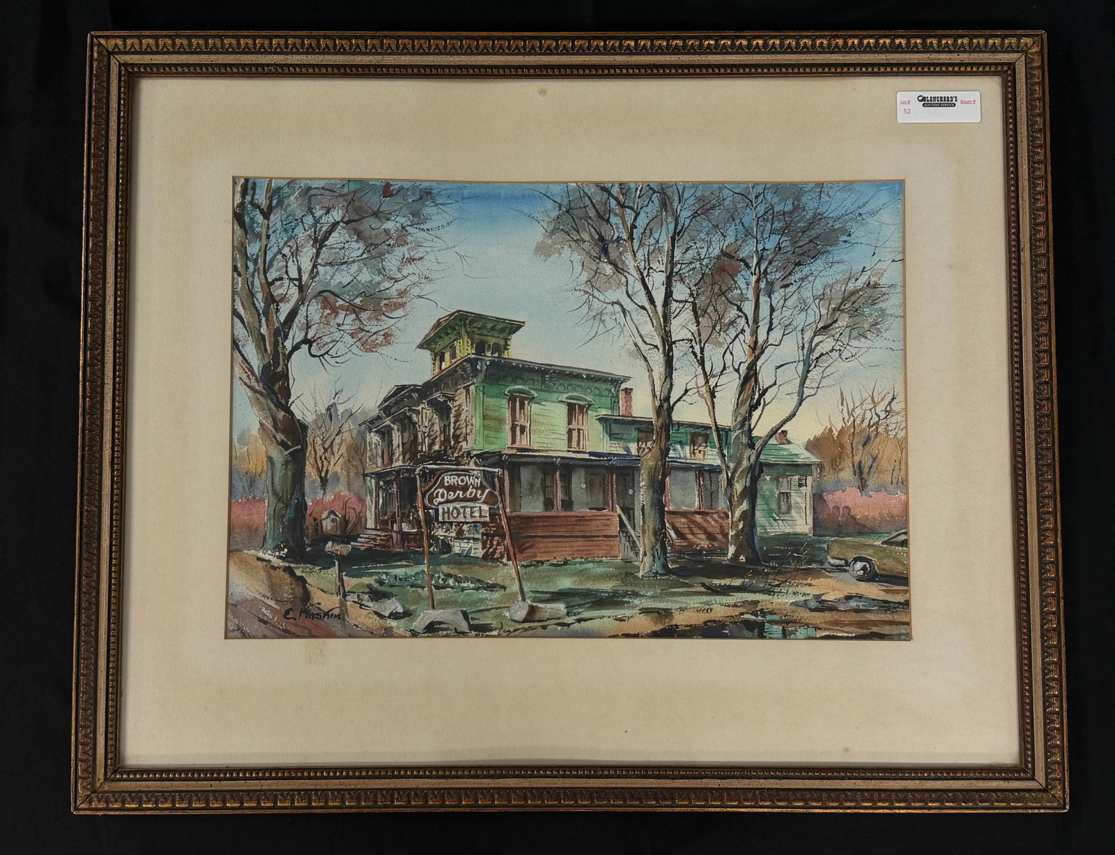 E. Kaskin Watercolor "Brown Derby Hotel": Matboard is discolored. 24" x 30" From The Randy Rall Estate in Syracuse, NY.
