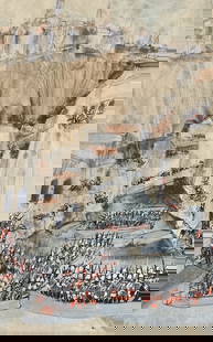 Robert Andrew Parker Watercolor: Imaginary War Series, framed and matted, 25 1/4" x 37 1/2", paper is not laying perfectly flat and has some wrinkles, small hole 2/3 of the way up along right margin.