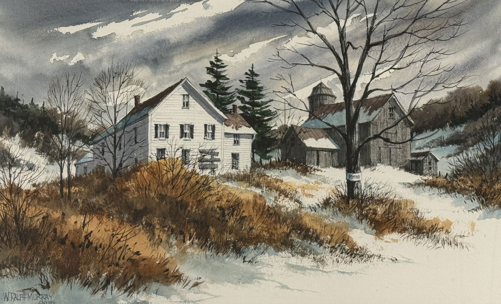 W. Ralph Murray Winter Farm Scene Watercolor (1 of 4)
