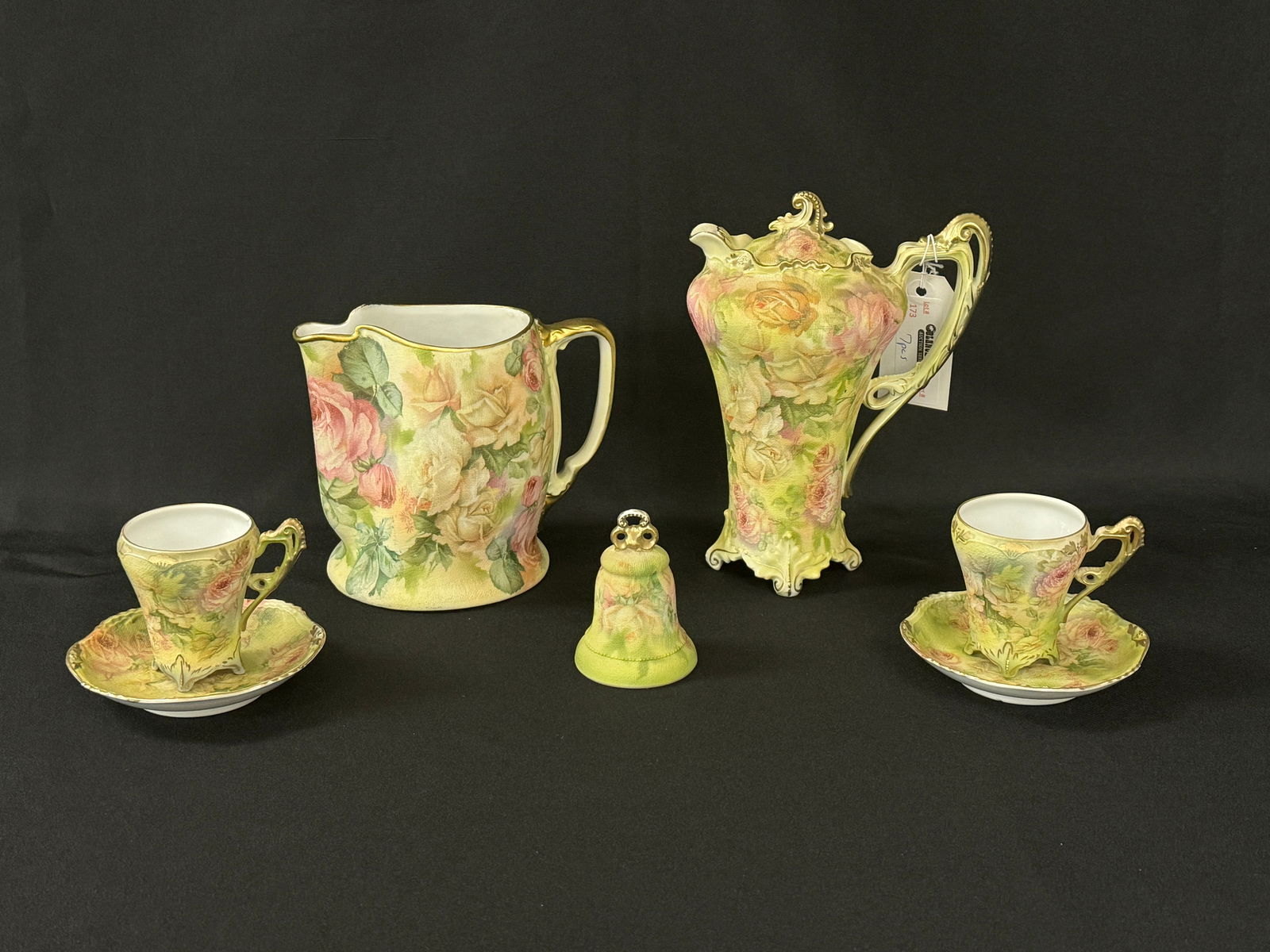 Royal Bayreuth Rose Tapestry - 7 Pieces: includes: Chocolate pot, tea cups, saucers, pitcher and bell.