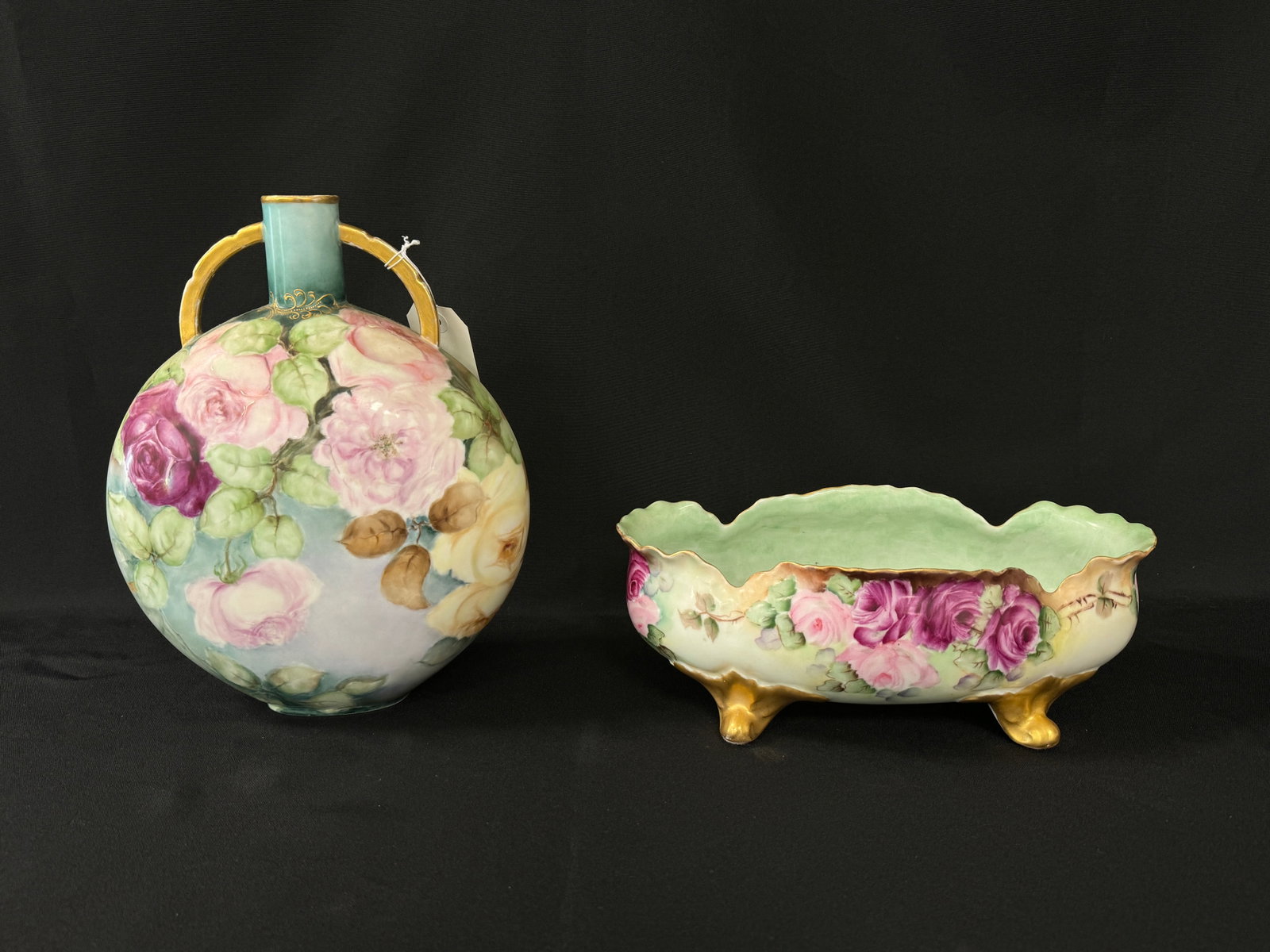 Limoges Rose Painted Pillow Vase & Oblong Bowl: Vase is 12" tall.
