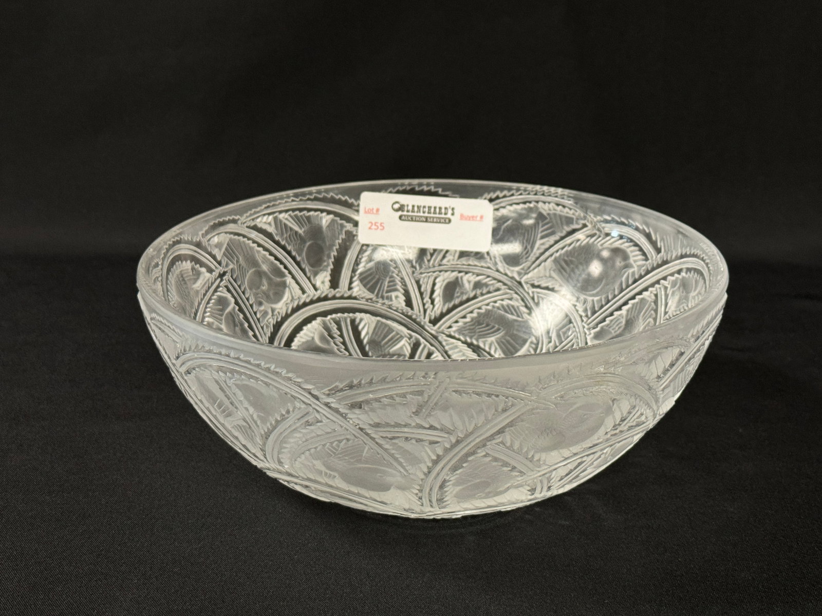 Lalique "Pinson" Bird Bowl: with ferns and birds. 9 1/4" in diameter. 3 5/8" high.