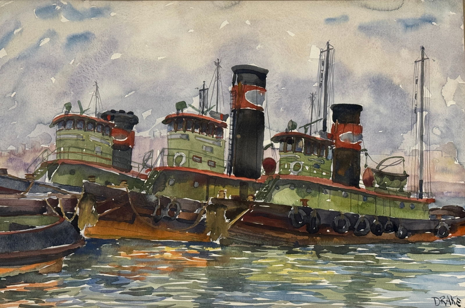 William L Drake Watercolor "Tugs": Montclare Art Museum 1960 Art Exhibit Label on back, 34 1/2" x 28 1/2".