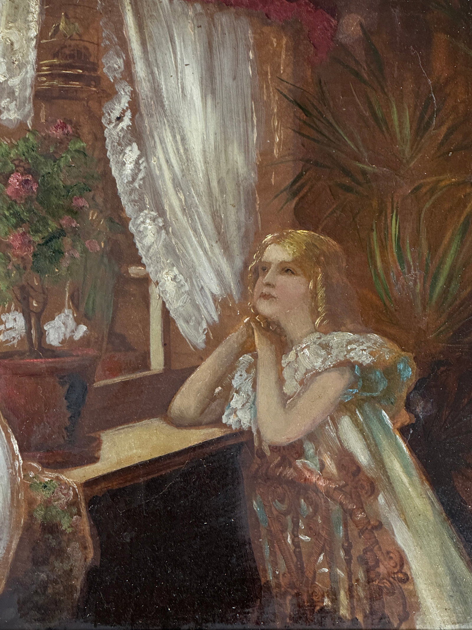 Oil on Canvas Young Girl Gazing Out Window: 19th century, unsigned, overall size 11" x 13 1/2", stretcher size is 8 3/4" x 11 1/4"