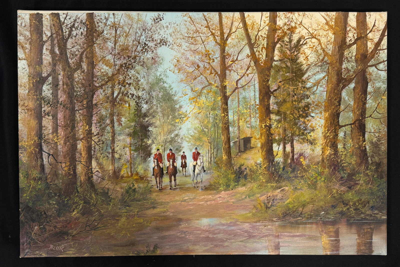 Blokesch Oil on Canvas European Fox Hunting Scene: unframed, German artist, 23 1/2" x 35 1/2"