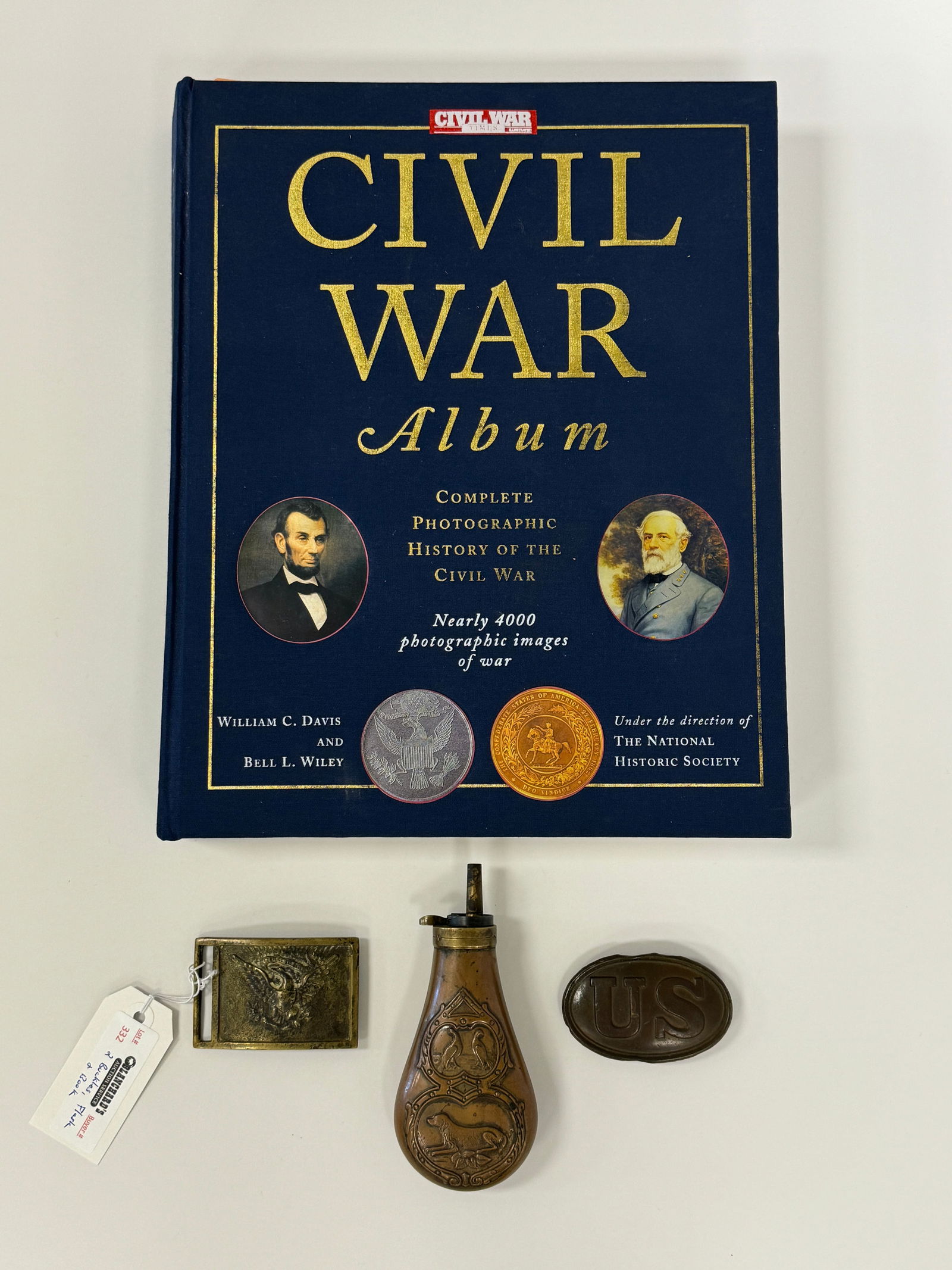 2 Civil War Belt Buckles, Powder Flask & Book (1 of 4)