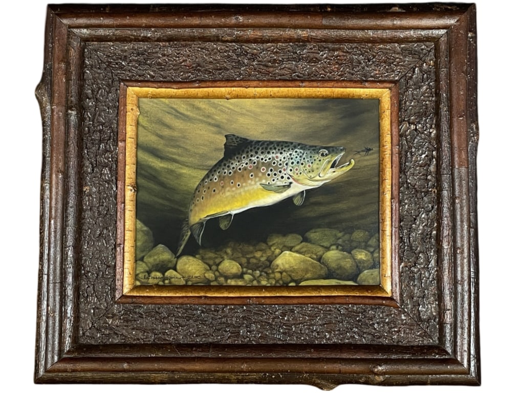 Jonathan Swartwout Trout Oil on Board Painting: Dated 2010 in a custom hand made Adirondack frame. Overall size is 23" x 20". Sight size is 10" x 13". Frame was also made by the artist.