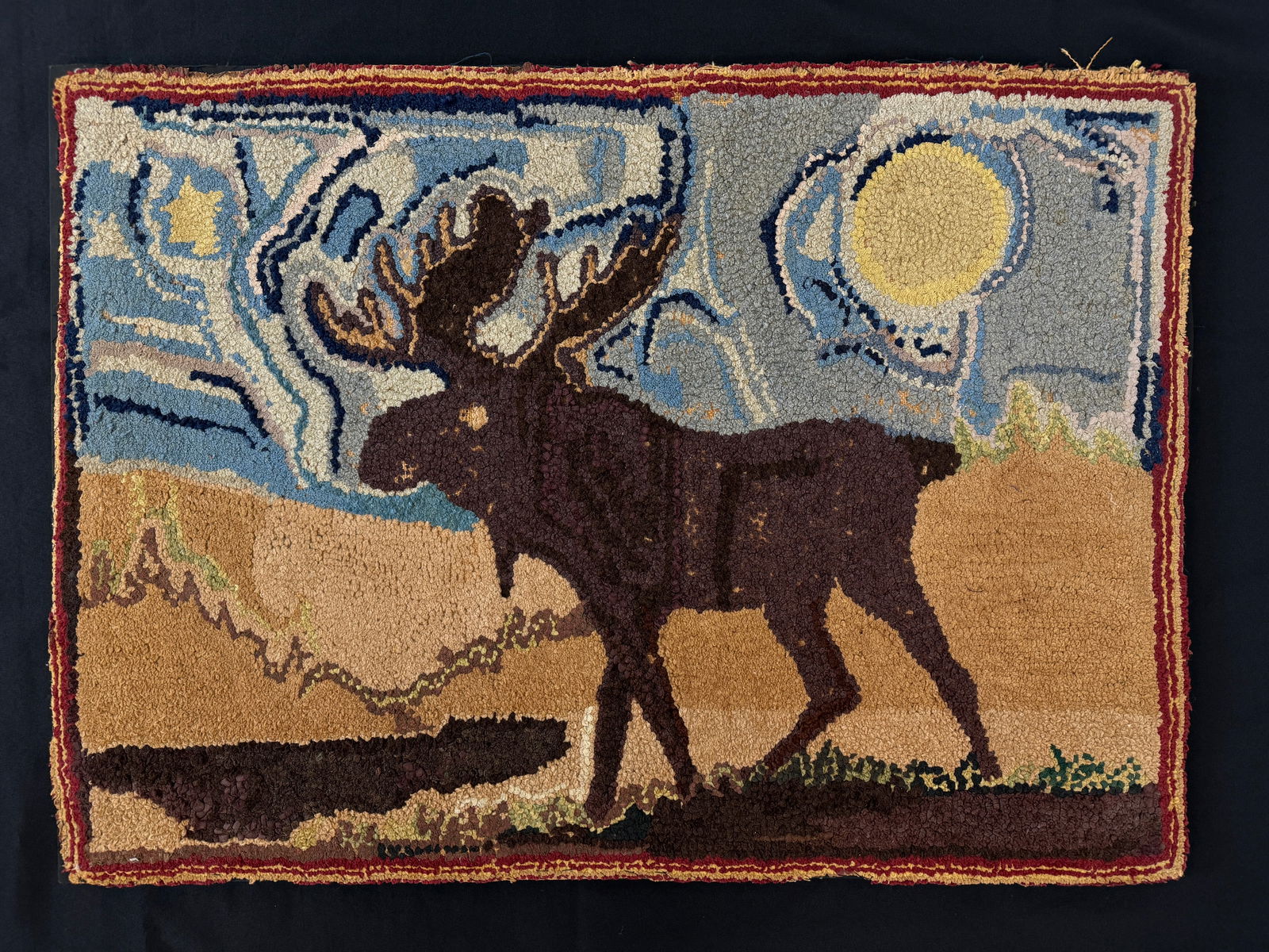 Moose Hooked Rug on a Wooden Framed Stretcher (1 of 3)