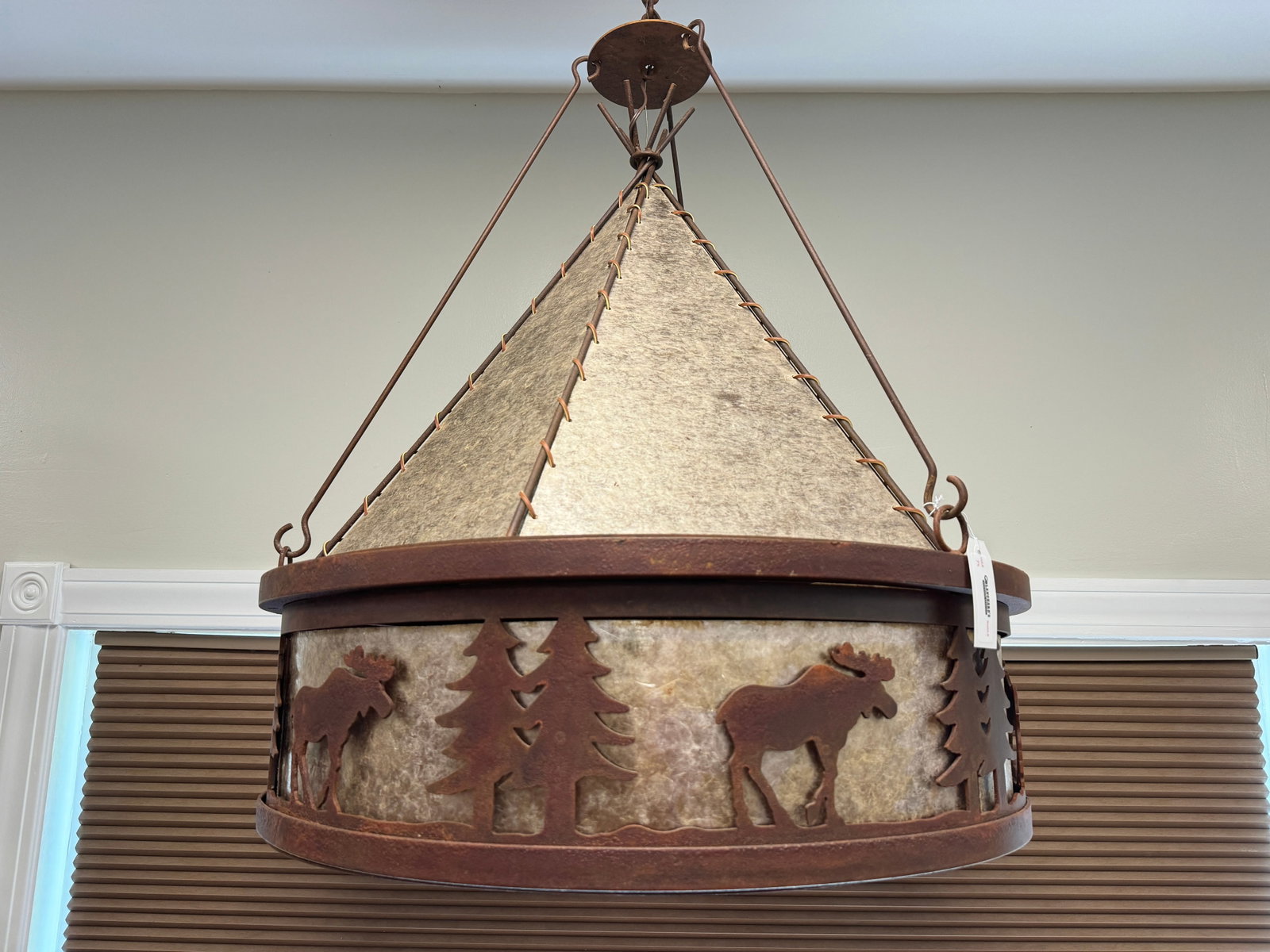 Adk Teepee, Moose & Mica Chandelier: 28 1/2" in diameter, 36" high. As pictured in Ralph Kylloe's Book "Cabins and Camps" on page 36