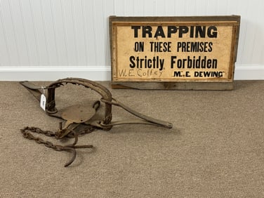 Hand Forged Bear Trap and Sign