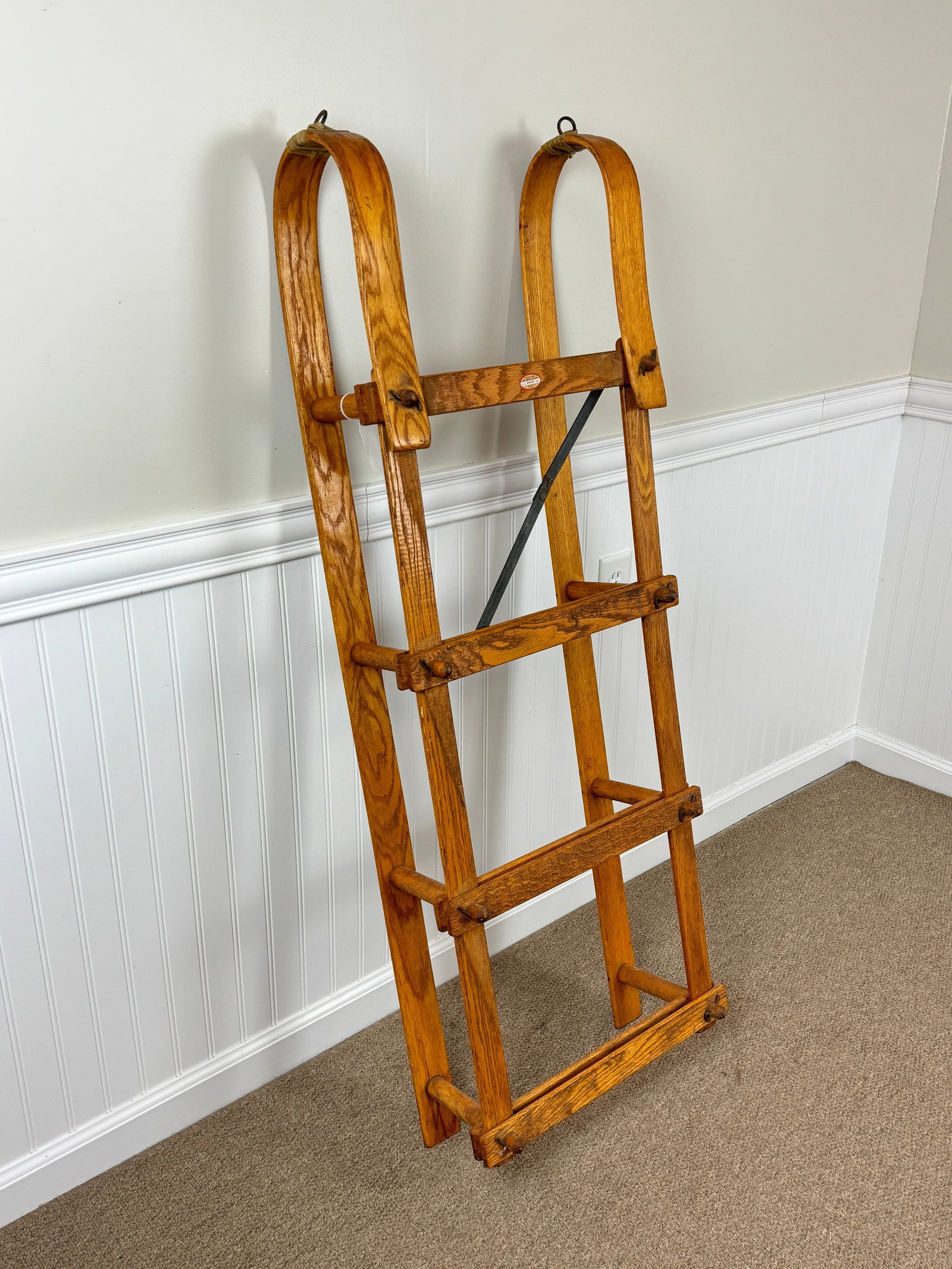L L Bean Oak Folding Luggage Sled: 50" long x 18" wide. Used but good condition. No breaks