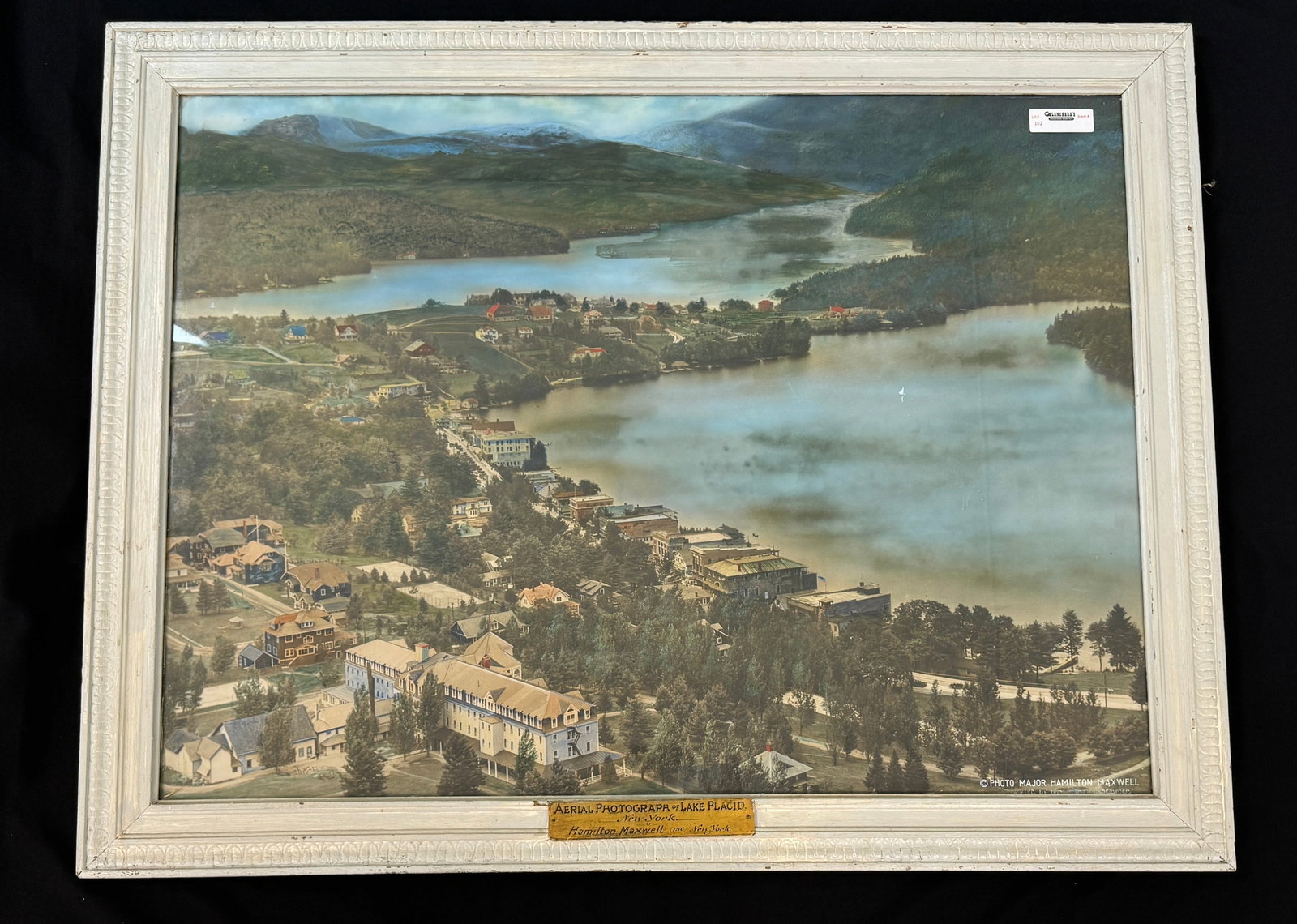 Lake Placid NY Vintage Aerial Photograph: Photo by Major Hamilton Maxwell. Highlighted with paint by Underwood and Underwood. Framed 34 1/2" x 44 1/2".