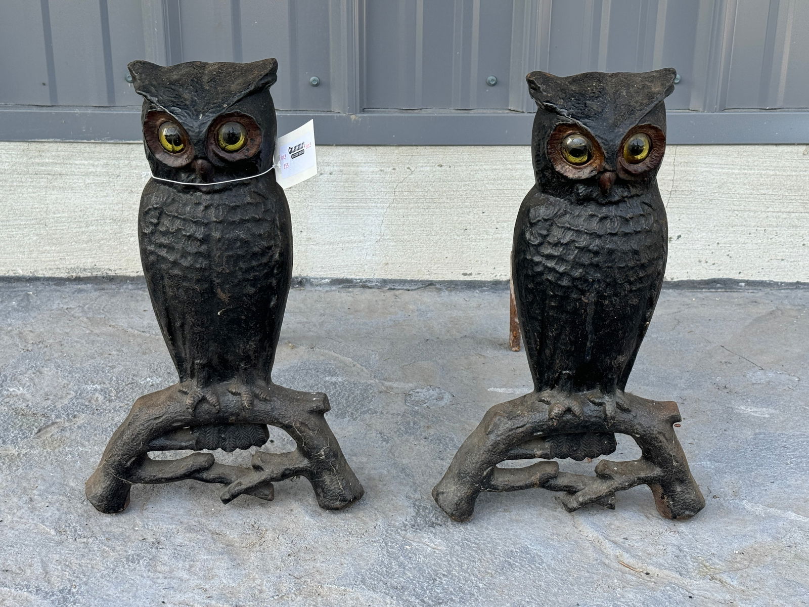 Pair of Owl Andirons with Glass Eyes (1 of 4)