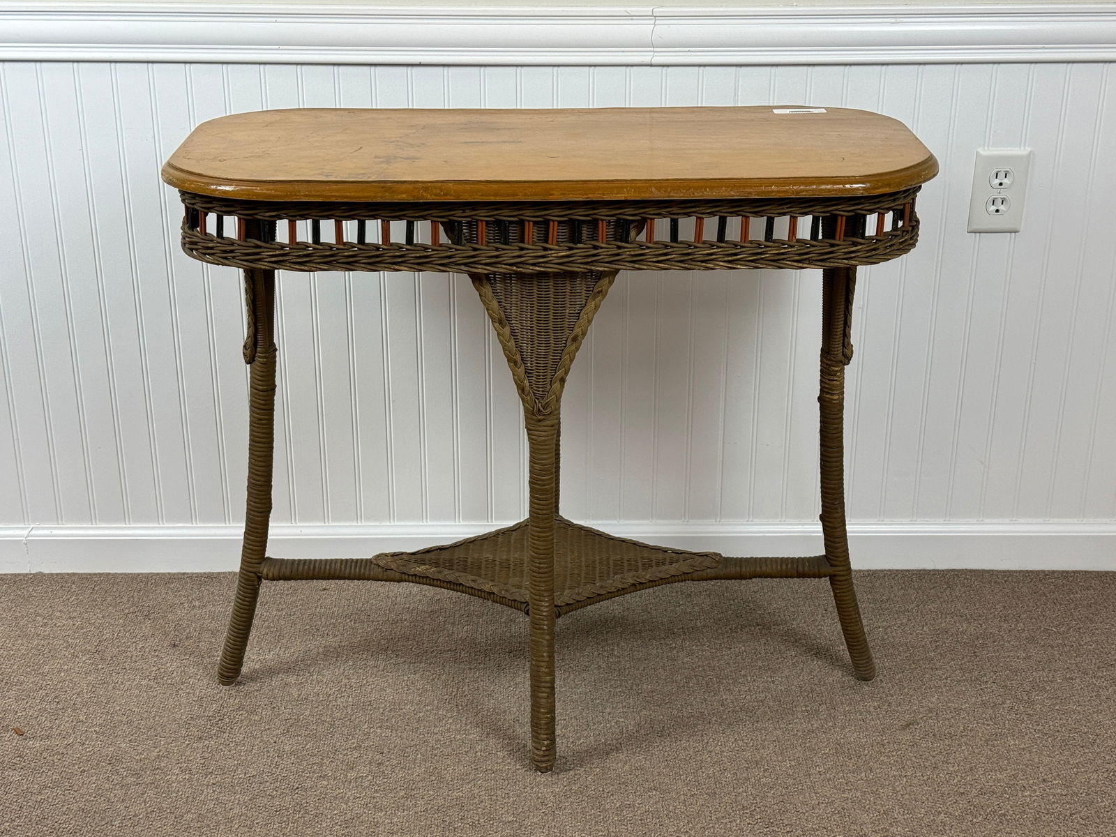 1930s Wicker Side Table with Maple Top (1 of 4)