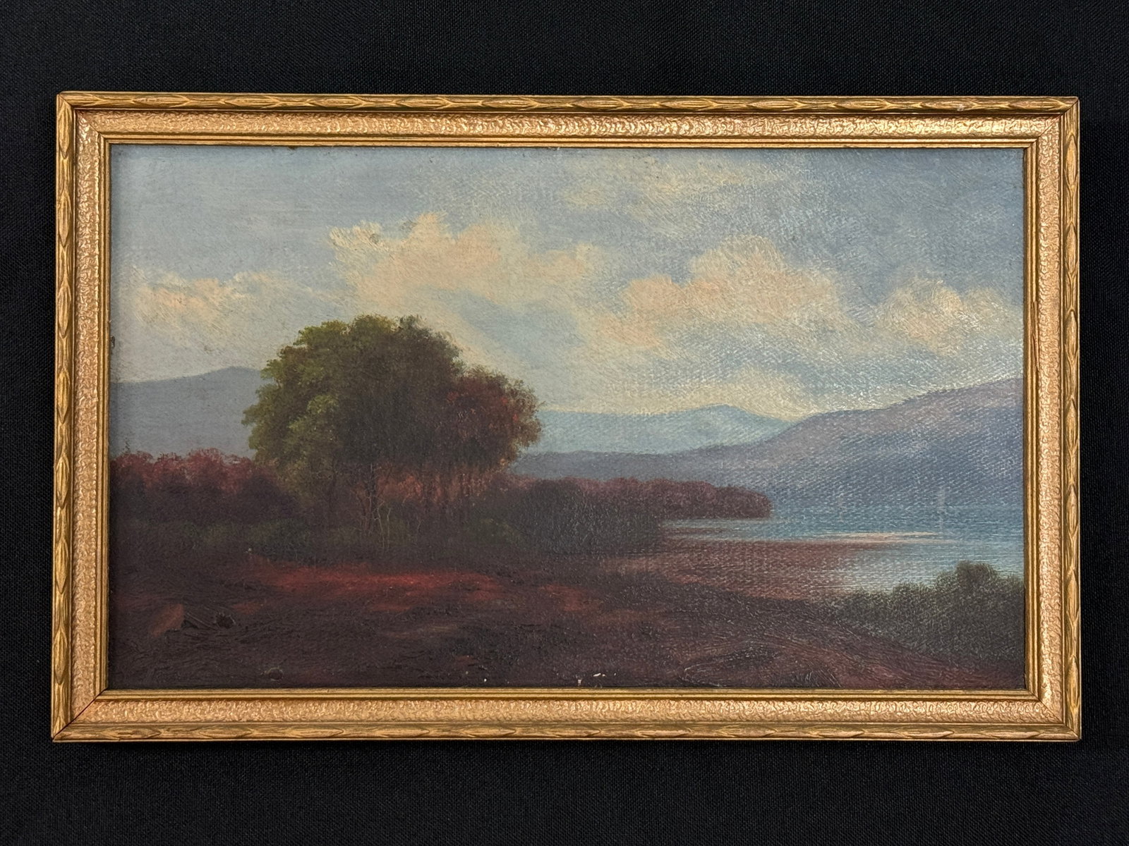 Hudson River School Oil on Board Painting: Back is inscribed artist M.A.H.P. Scene on the Hudson March 1882. 6 3/4" x 10 3/4"