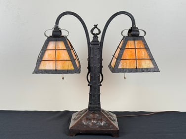 Arts & Crafts Double Arm Slag Glass Desk Lamp