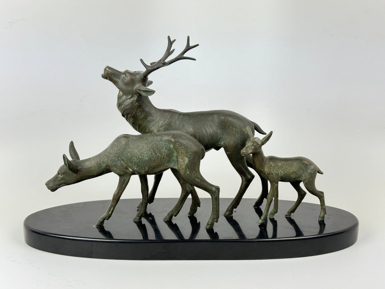 Bousouet Bronze Sculpture of Deer Family: on marble base. 18 1/2" long x 11 1/2" tall.