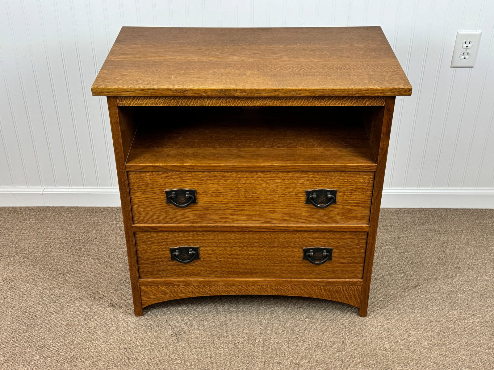 Stickley 2 Drawer Cabinet: quarter sawn oak, light brown finish, 29" x 17" x 29" tall