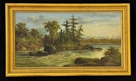 Adirondack River Scene Oil on Board Painting
