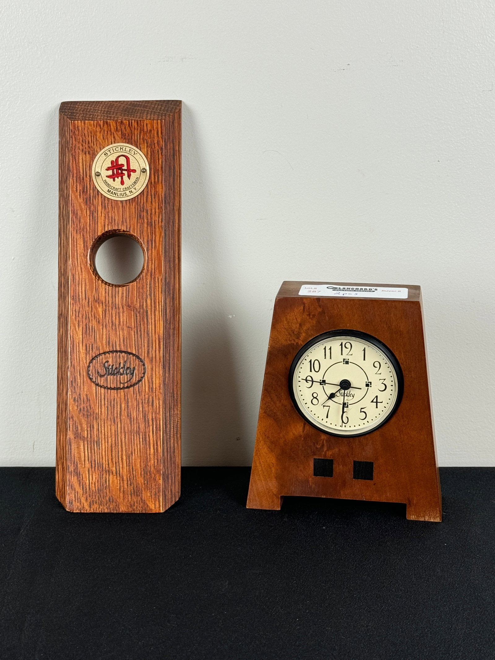 Stickley Shelf Clock and Wine Bottle Holder: Cherry Clock is 5 3/4", Oak Wine Holder is 11" long