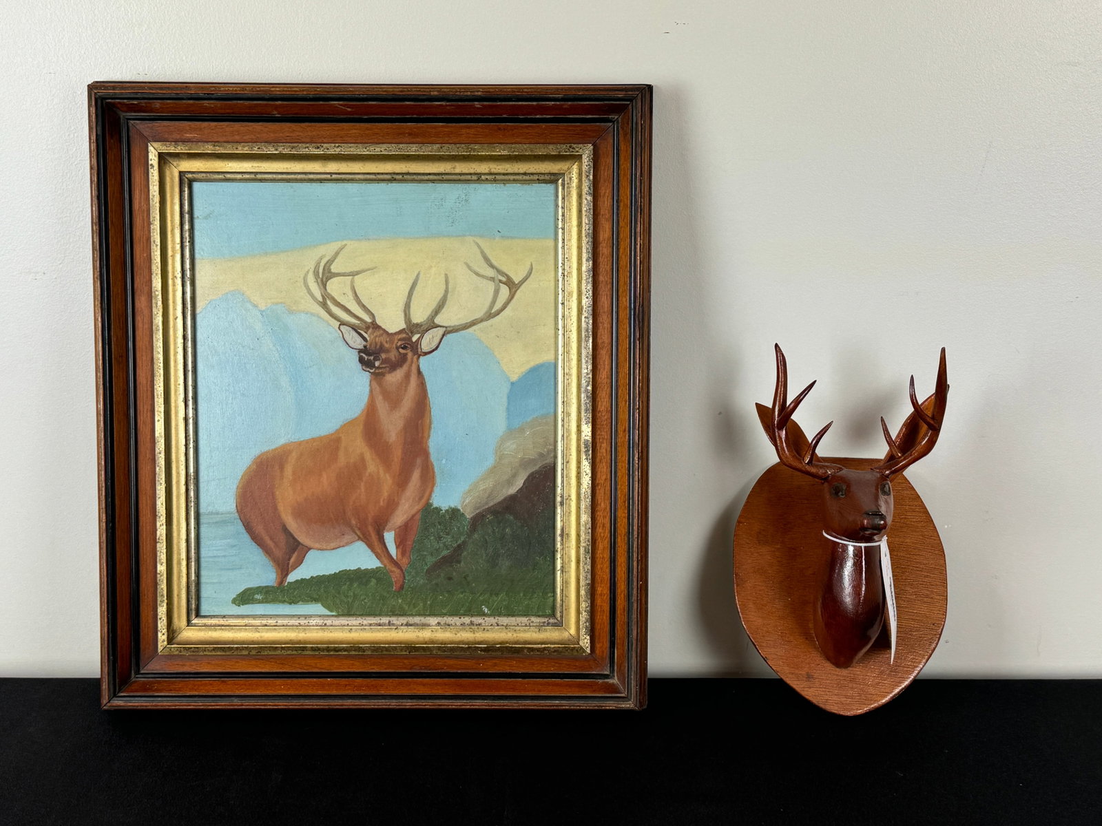 Stag Oil on Board and Folk Art Carved Deer Head: Painting is unsigned 17 1/2" x 15 1/2".