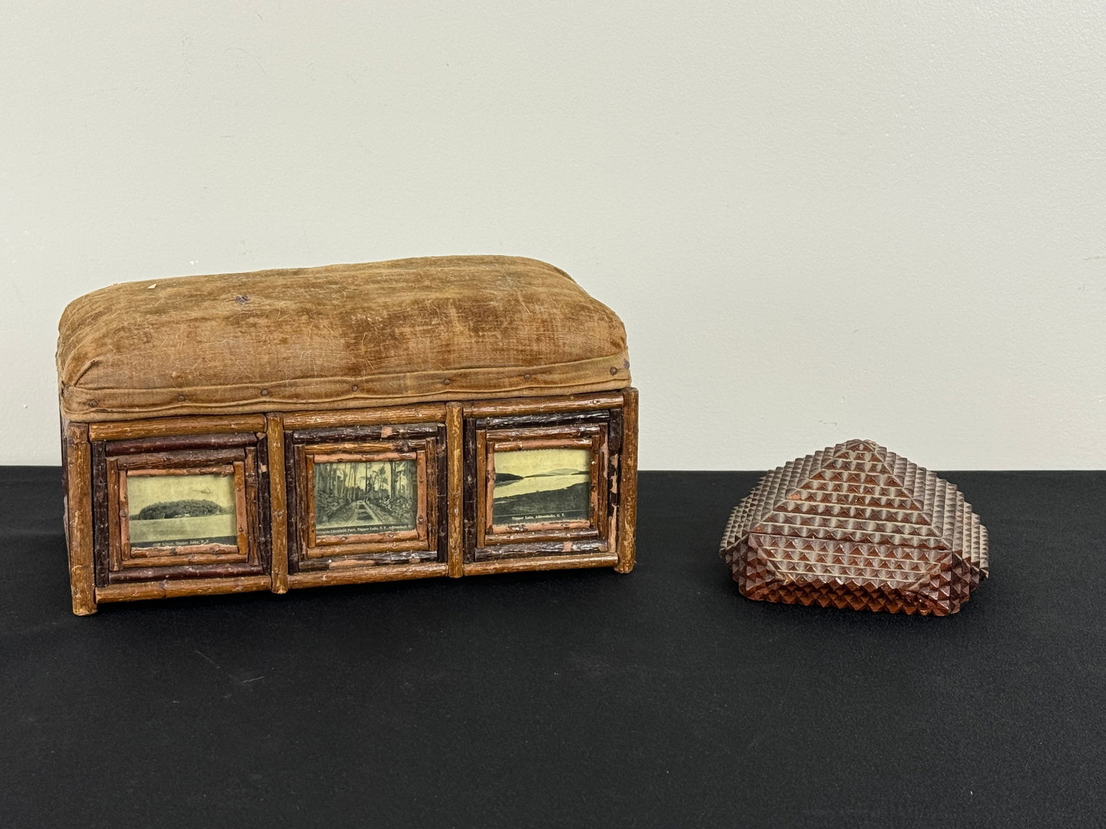 Tupper Lake Mosaic Panel Dresser Box: with 11 black and white images. Also includes a tramp art jewelry box. 10 1/2" long