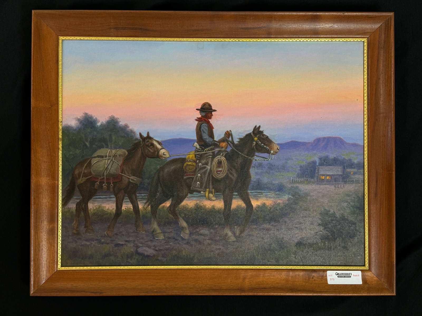 Robert Lindneux (1871-1970) Oil on Canvas: "Returning from one of my last trips in Montana 1948" Artist signed. Overall size 22" x 28". Sight size 17 1/2" x 23 1/2". Cowboy on horseback in walnut frame. In excellent condition.