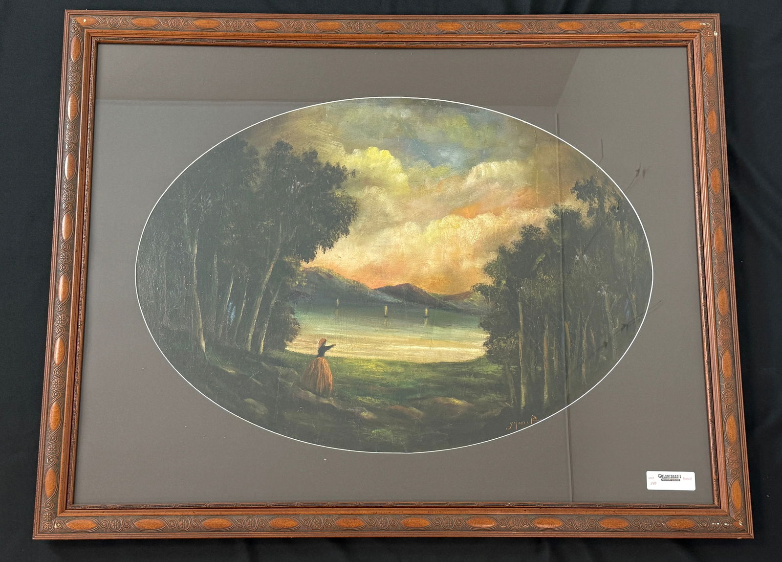 Oil on Canvas Hudson River School Landscape: Framed and mounted under glass, artist signed. Overall size 30 1/2" x 39"