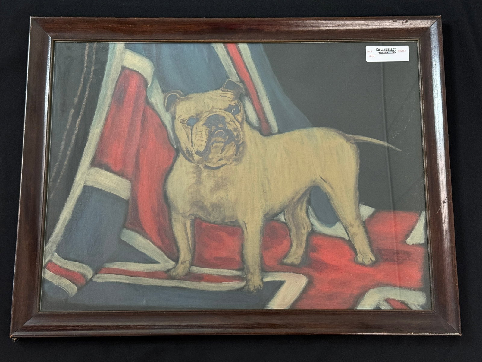 Bull Dog and Flag Oil Painting: framed under glass. From Montreal. 1911. 19 1/2" x 25 1/2"