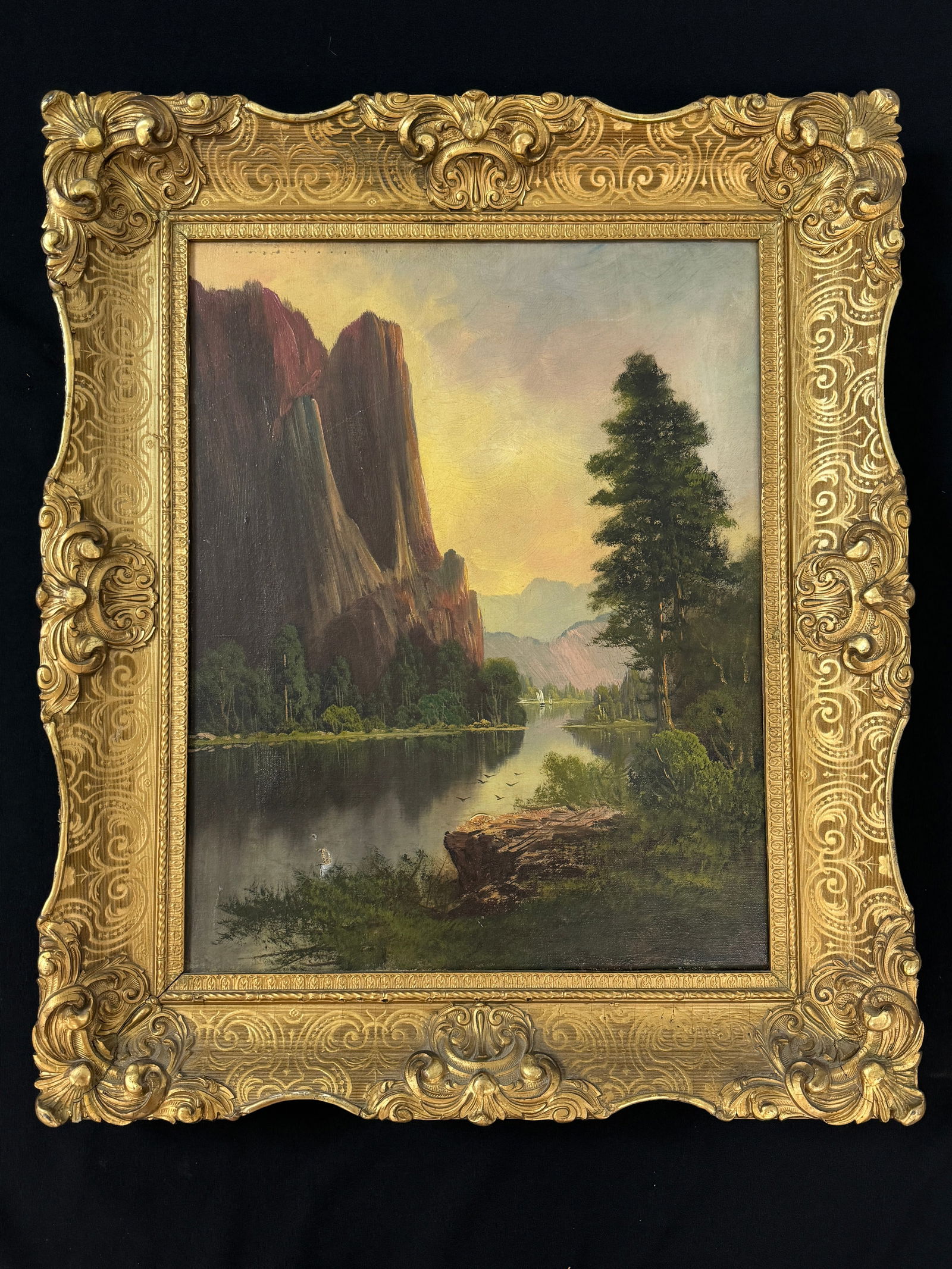 Oil on Canvas Mountain Scene with Sailboat (1 of 5)