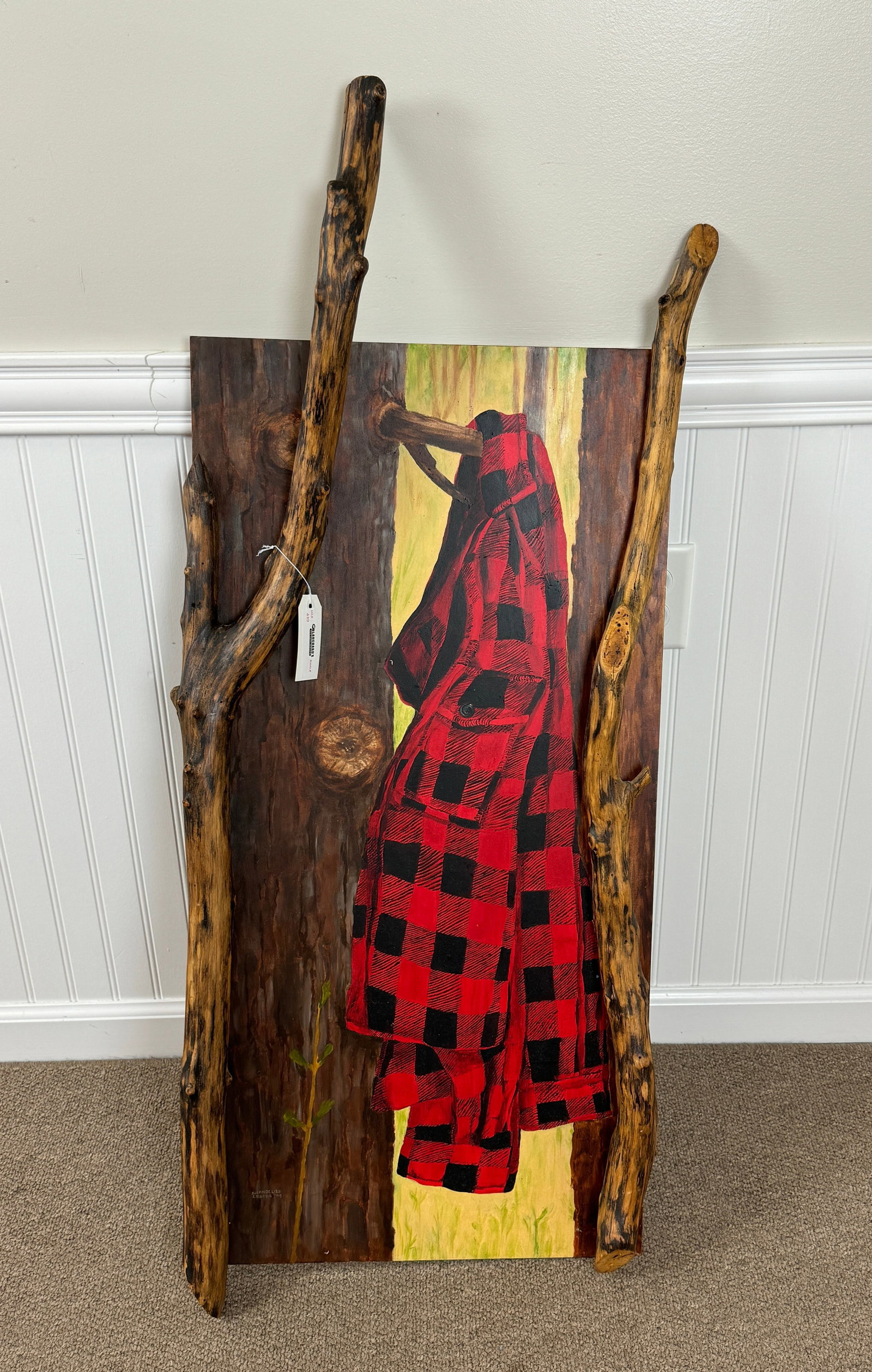 Susan Langelier-Lebeda Adirondack Hunting Coat: Oil and Mixed Media on Panel. Panel is 18" x 36"