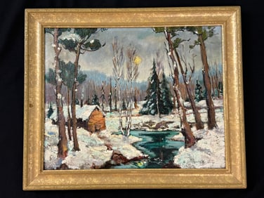 B. Carpenter Oil on Board Winter Scene Painting
