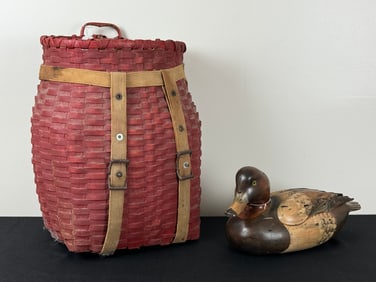 Red Painted Pack Basket & Tom Taber Decoy